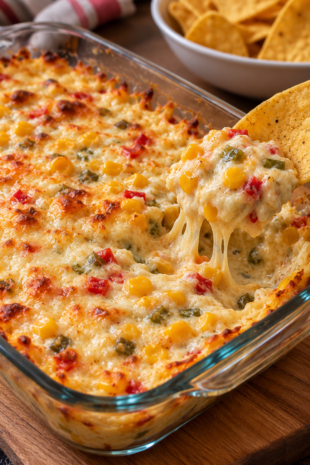 Creamy cheesy corn and green chile dip served warm with corn chips