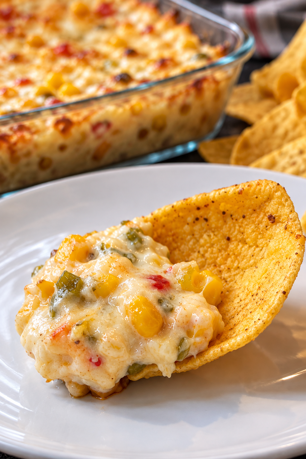 Creamy cheesy corn and green chile dip served warm with corn chips